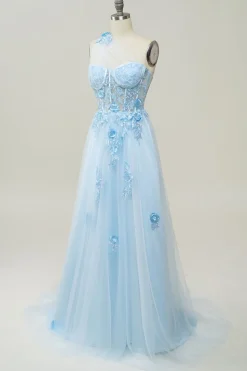 Vestido de baile com apliques azul céu um ombro