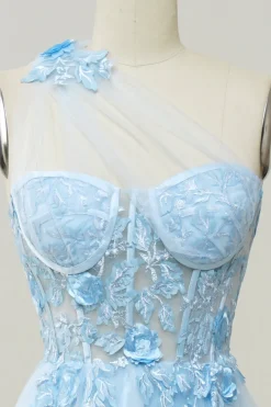 Vestido de baile com apliques azul céu um ombro