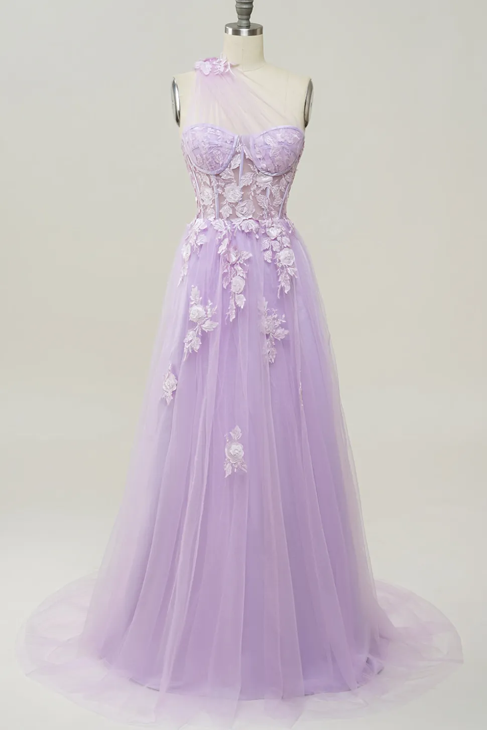 Vestido de baile com apliques azul céu um ombro