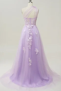 Vestido de baile com apliques azul céu um ombro