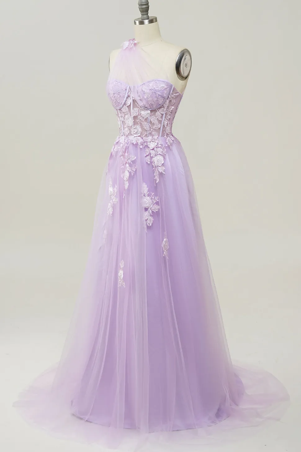 Vestido de baile com apliques azul céu um ombro
