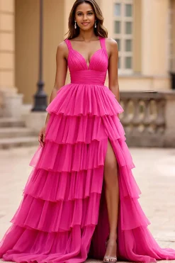 Vestido De Baile com Fenda Fúcsia Linha-A Decote em V Tule Longo