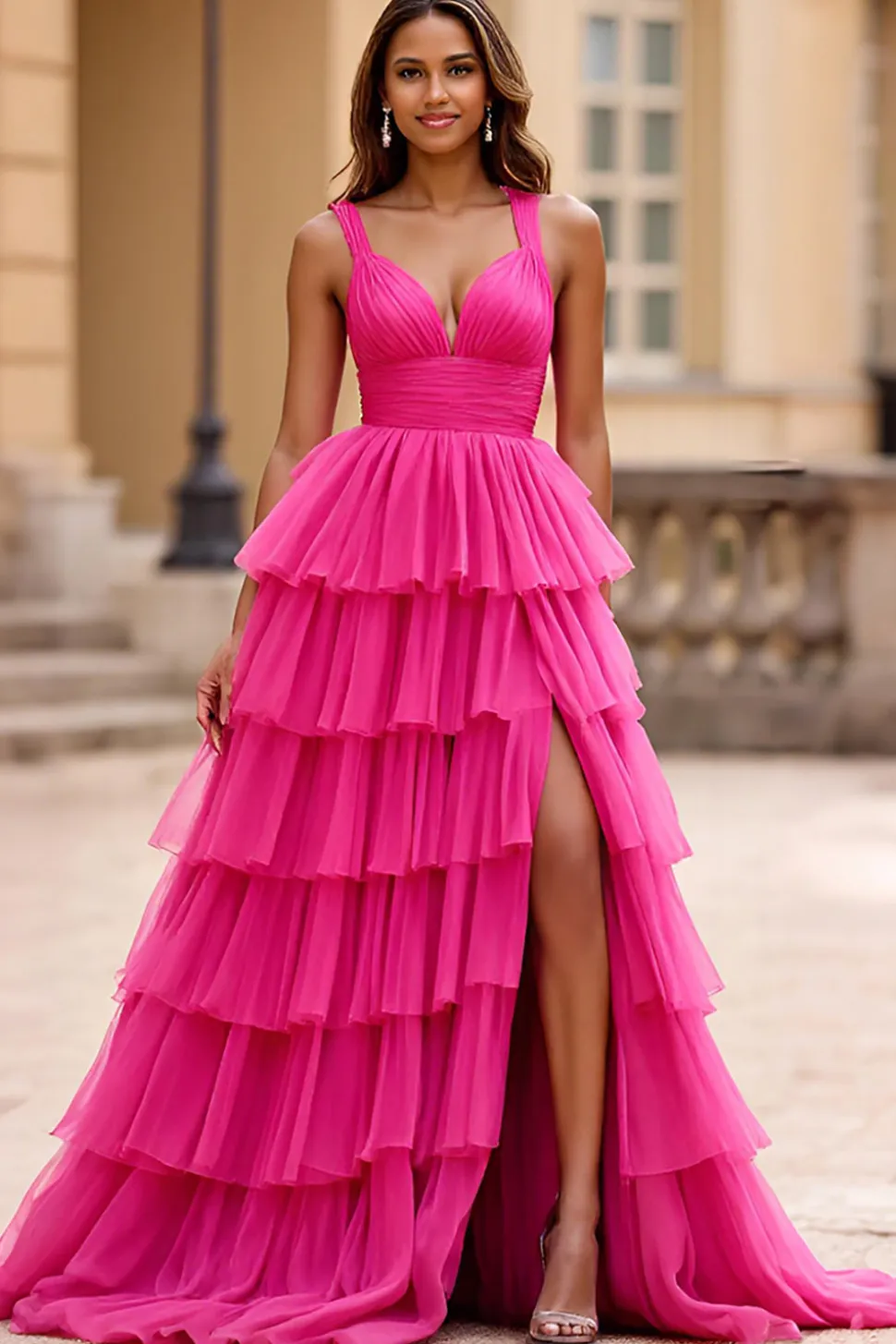 Vestido De Baile com Fenda Fúcsia Linha-A Decote em V Tule Longo