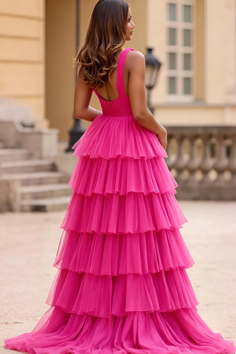 Vestido De Baile com Fenda Fúcsia Linha-A Decote em V Tule Longo