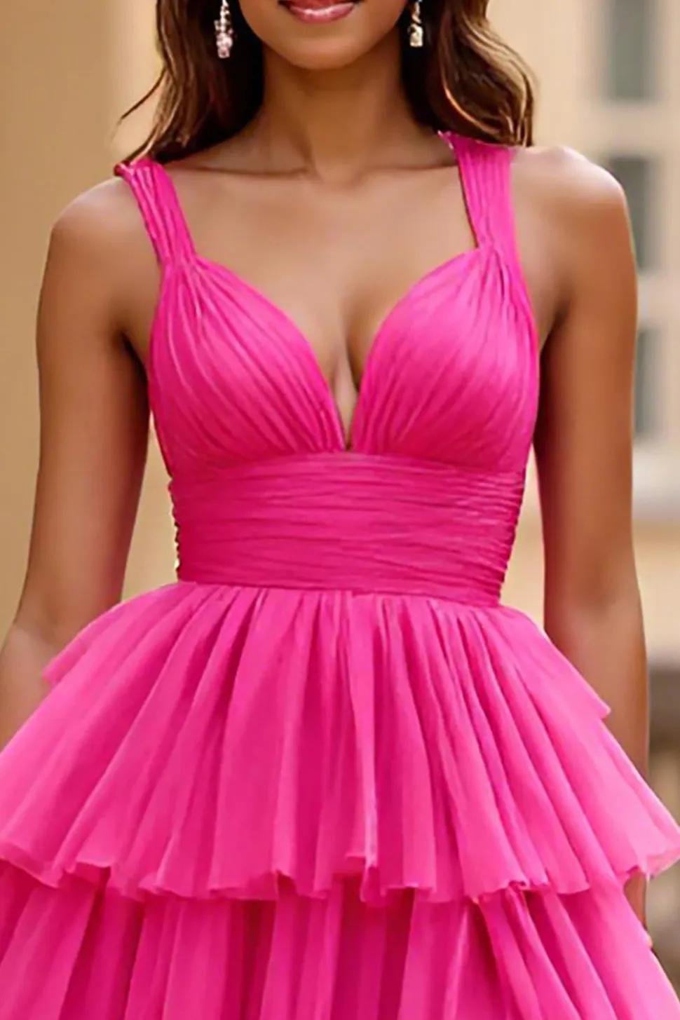 Vestido De Baile com Fenda Fúcsia Linha-A Decote em V Tule Longo