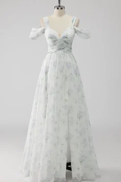 Vestido De Baile com Fenda Branco Floral Ombro Frio Linha-A