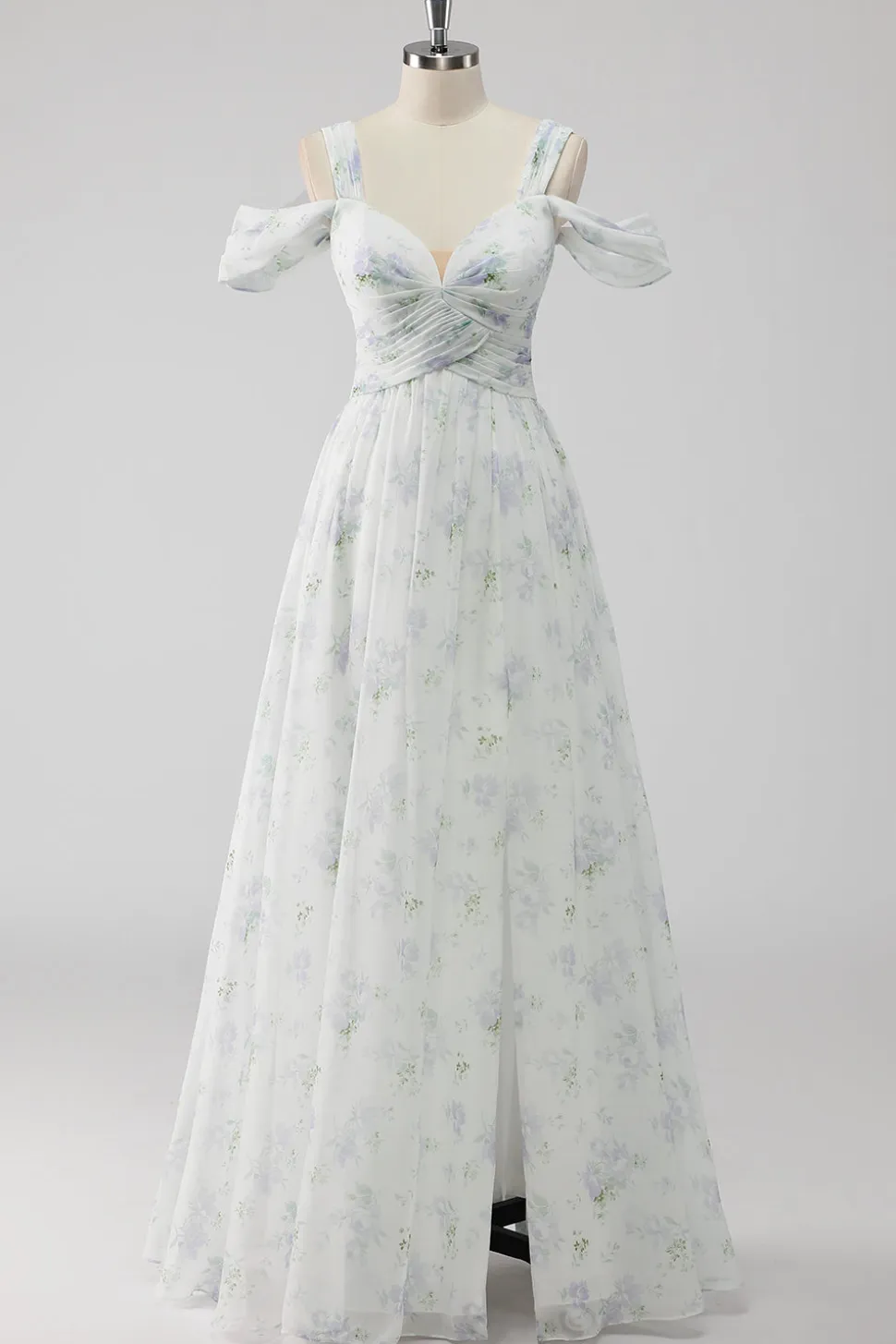 Vestido De Baile com Fenda Branco Floral Ombro Frio Linha-A