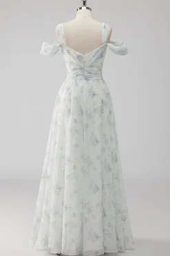 Vestido De Baile com Fenda Branco Floral Ombro Frio Linha-A