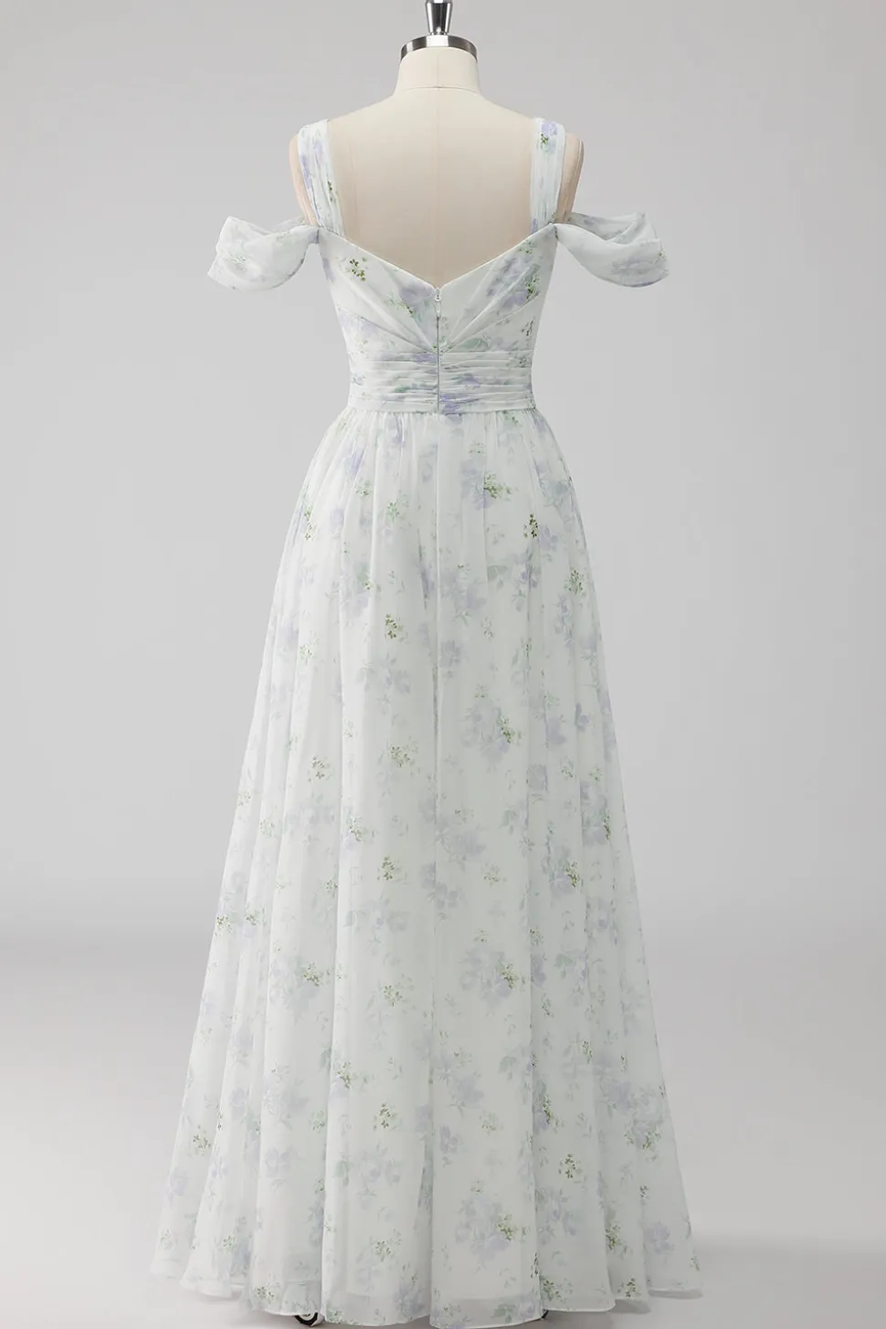 Vestido De Baile com Fenda Branco Floral Ombro Frio Linha-A