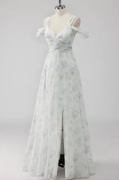 Vestido De Baile com Fenda Branco Floral Ombro Frio Linha-A
