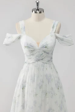 Vestido De Baile com Fenda Branco Floral Ombro Frio Linha-A
