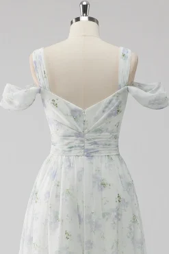 Vestido De Baile com Fenda Branco Floral Ombro Frio Linha-A
