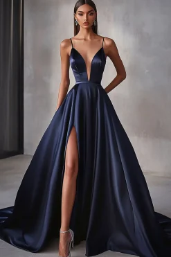 Vestido De Baile com Fenda Cetim Marinho Linha-A Longo V Pescoço Bainha