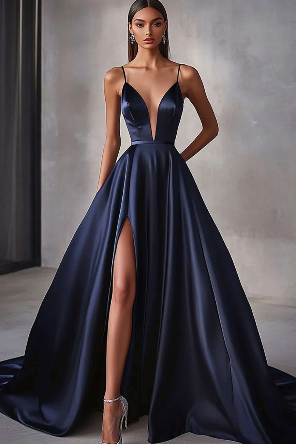 Vestido De Baile com Fenda Cetim Marinho Linha-A Longo V Pescoço Bainha