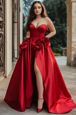 Vestido de Baile com Fenda Vermelho Longo Sem Alças Linha-A