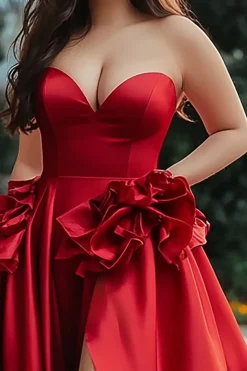 Vestido de Baile com Fenda Vermelho Longo Sem Alças Linha-A