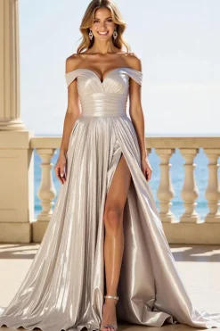 Vestido De Baile com Fenda Fora do Ombro Longo Prata Linha-A Plissado