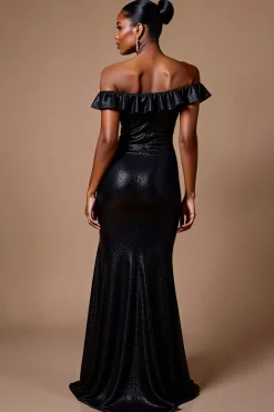 Vestido De Baile com Fenda Preto Brilhante Longo Fora do Ombro Lantejoulas