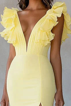 Vestido De Baile com Fenda Amarelo Decote em V Longo Sereia Babados