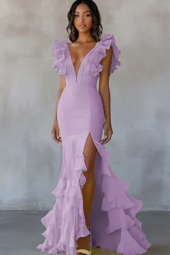 Vestido De Baile com Fenda Amarelo Decote em V Longo Sereia Babados