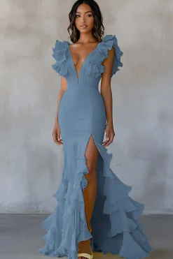 Vestido De Baile com Fenda Amarelo Decote em V Longo Sereia Babados