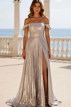 Vestido de Baile com Fenda Prata Linha-A Fora do Ombro Plissado Longo
