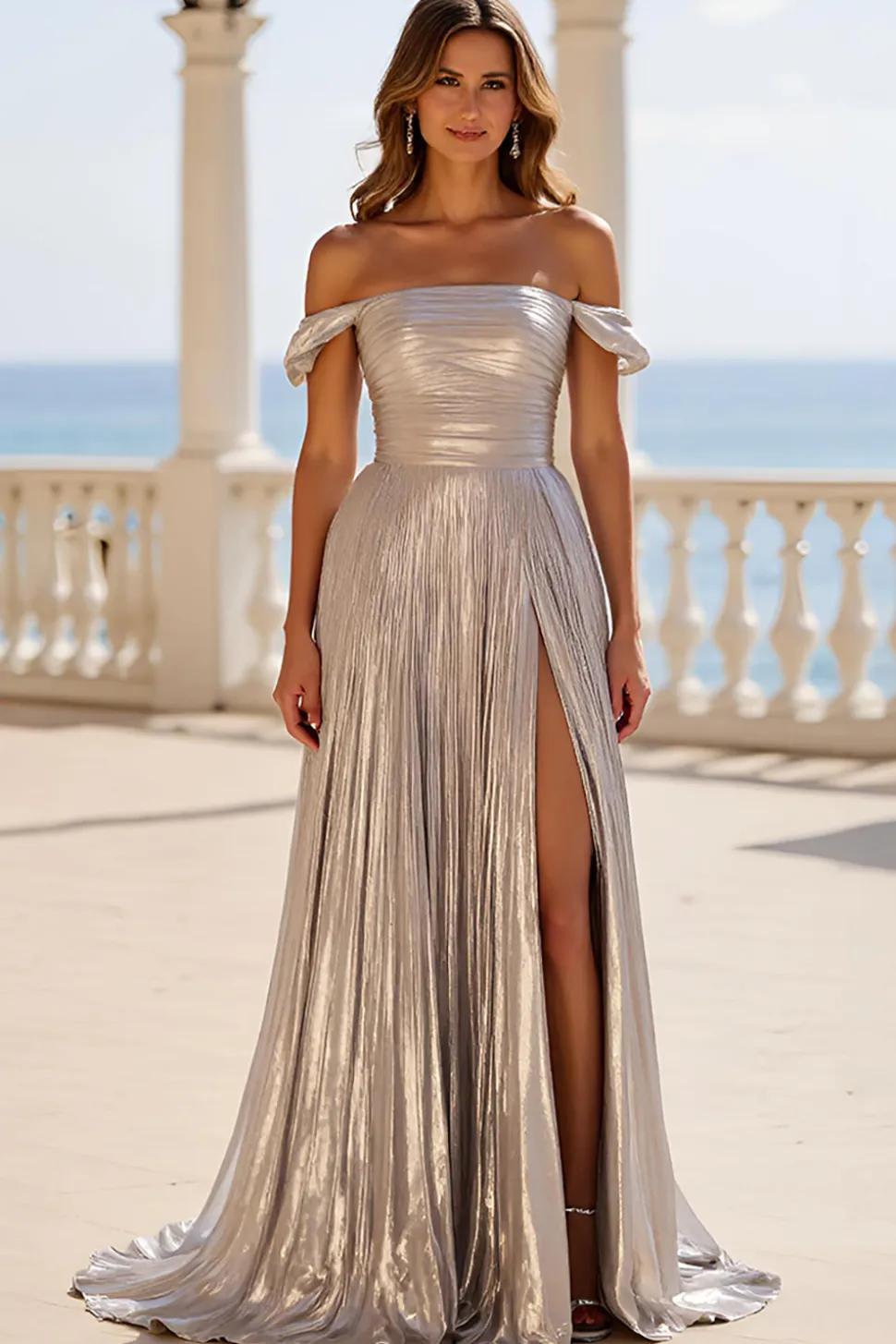 Vestido de Baile com Fenda Prata Linha-A Fora do Ombro Plissado Longo