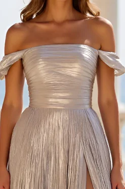 Vestido de Baile com Fenda Prata Linha-A Fora do Ombro Plissado Longo