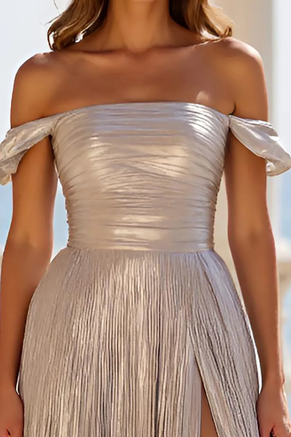 Vestido de Baile com Fenda Prata Linha-A Fora do Ombro Plissado Longo