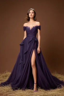 Vestido De Baile com Fenda Roxo longo Vestido De Baile Linha-A
