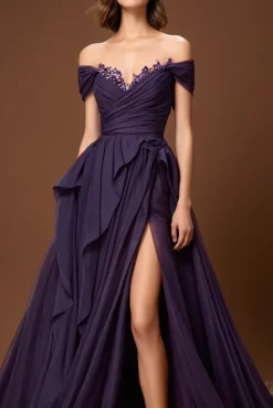 Vestido De Baile com Fenda Roxo longo Vestido De Baile Linha-A