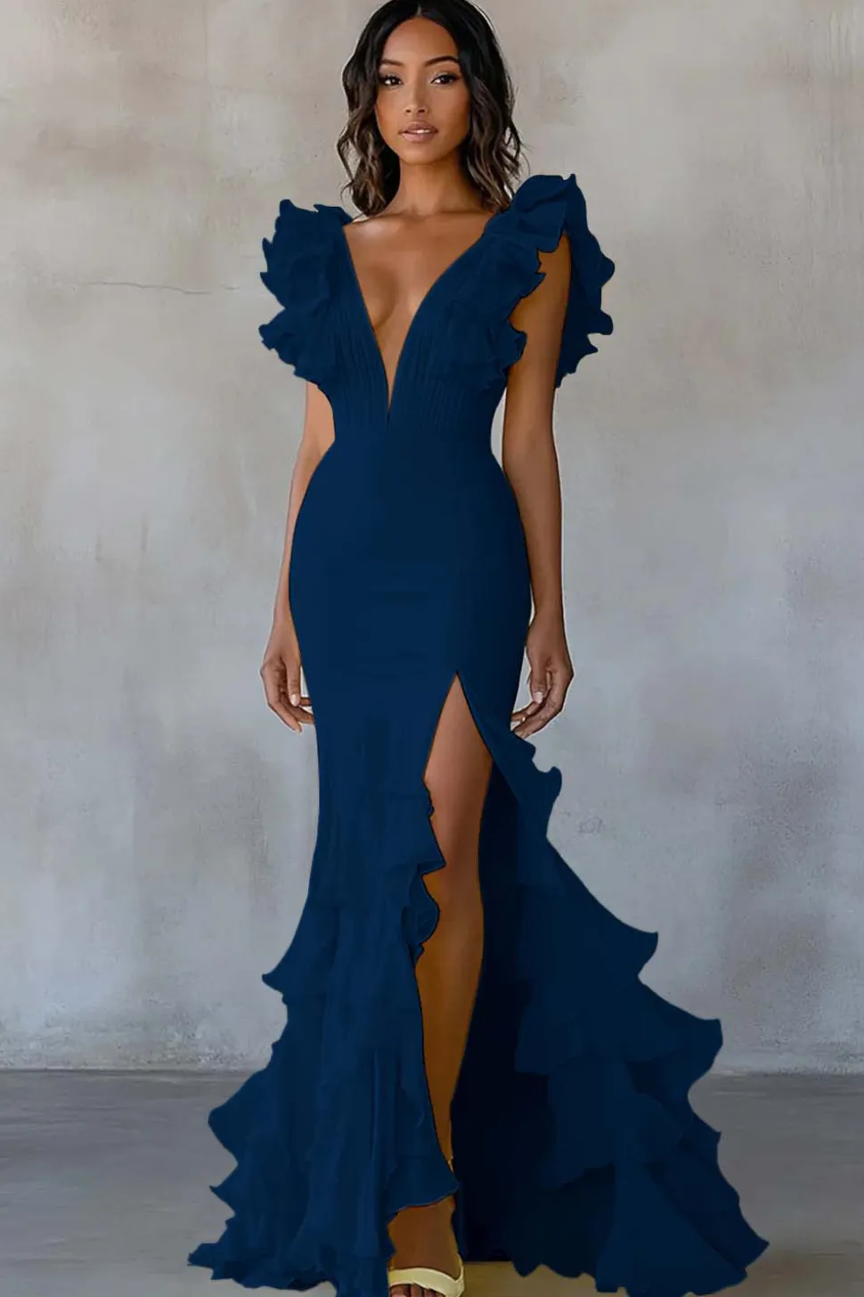 Vestido De Baile com Fenda Decote em V Escuro Marinha Longo Sereia Babados