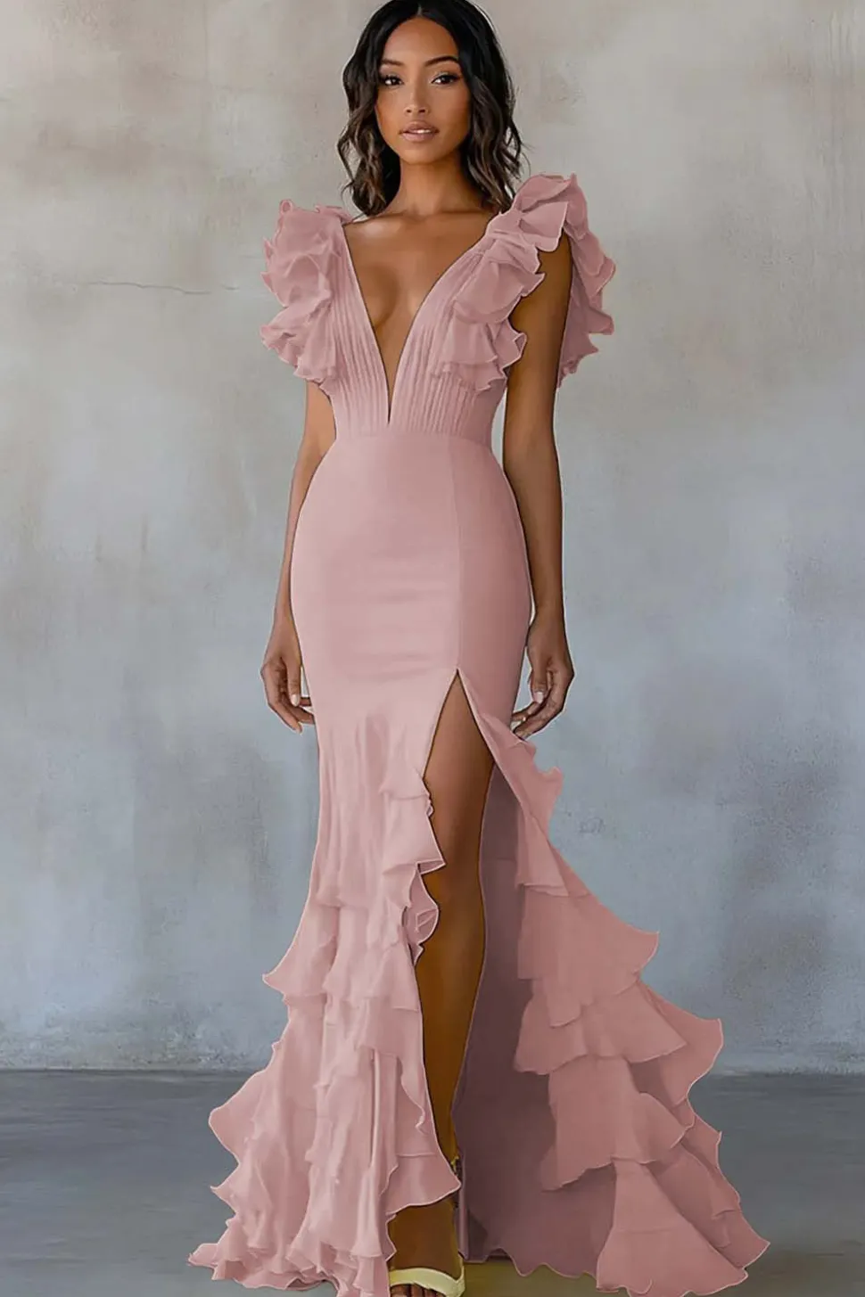 Vestido De Baile com Fenda Decote em V Escuro Marinha Longo Sereia Babados