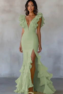 Vestido De Baile com Fenda Decote em V Escuro Marinha Longo Sereia Babados