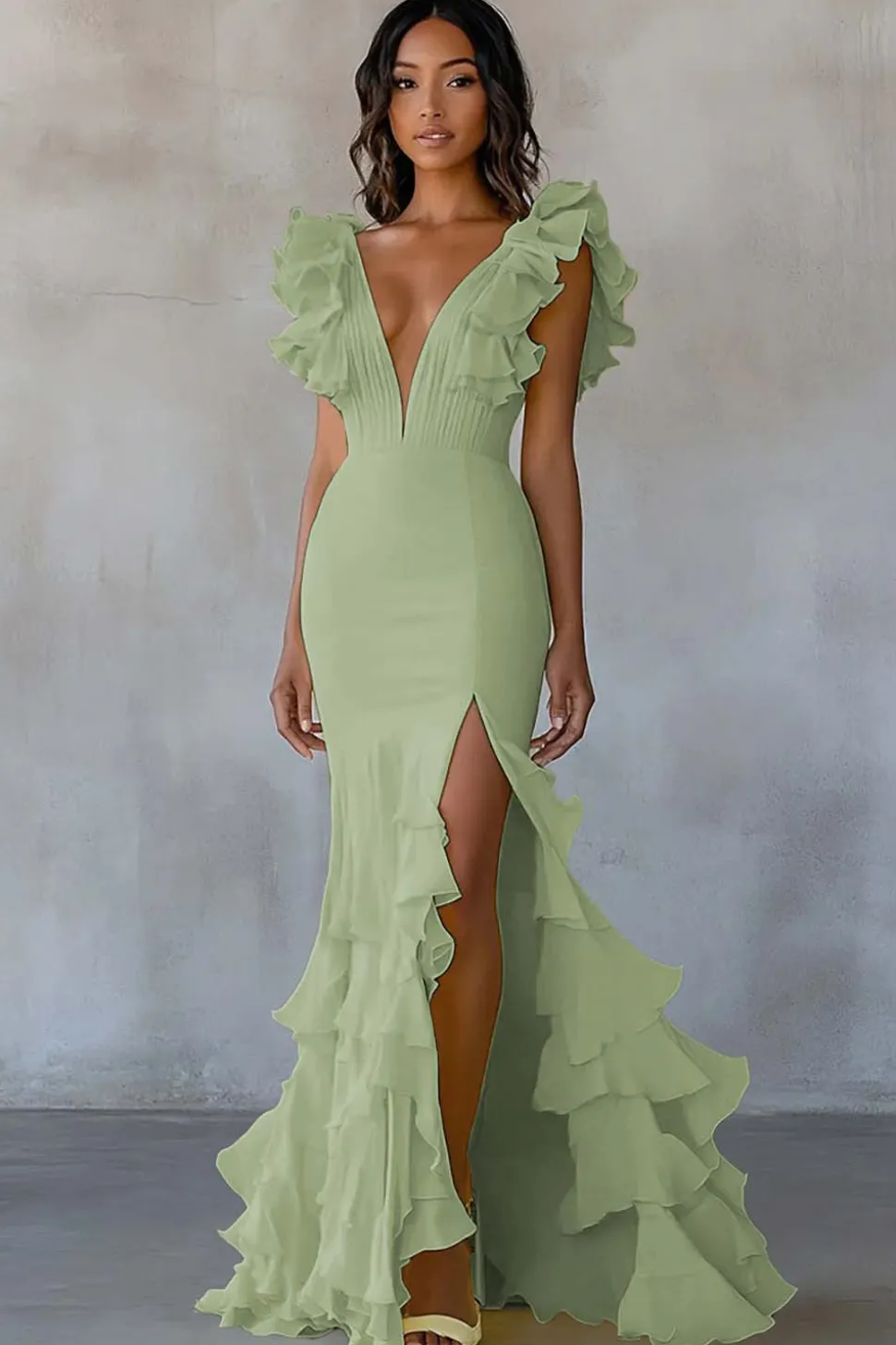 Vestido De Baile com Fenda Decote em V Escuro Marinha Longo Sereia Babados