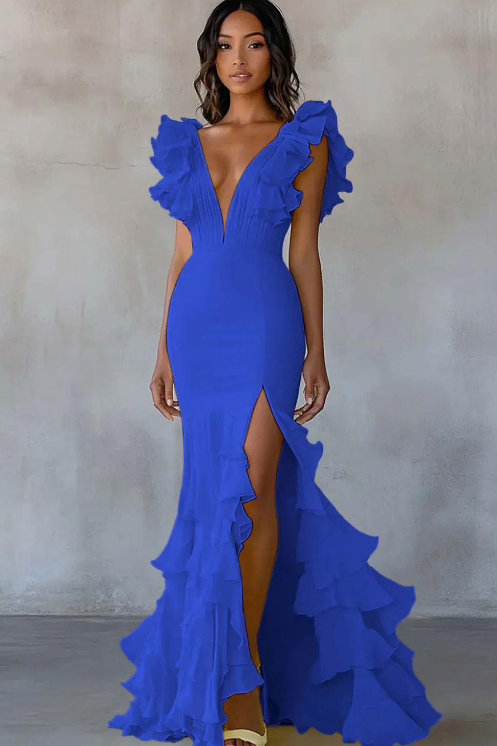 Vestido De Baile com Fenda Decote em V Escuro Marinha Longo Sereia Babados