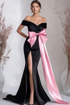 Vestido De Baile com Fenda Preto Rosa Fora do ombro Cetim Sereia Arco