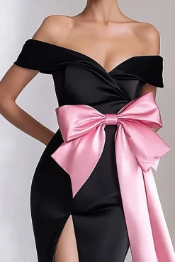 Vestido De Baile com Fenda Preto Rosa Fora do ombro Cetim Sereia Arco