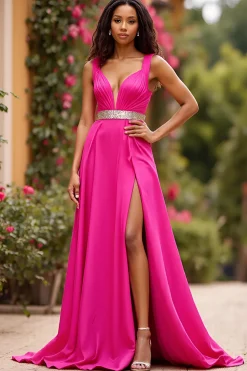 Vestido De Baile com Fenda Fúcsia Linha-A Decote em V Cetim