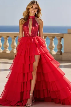 Vestido De Baile com Fenda Vermelho Brilhante Linha-A Tule Longo