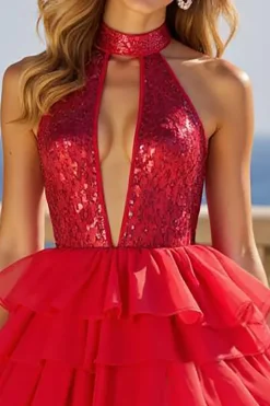 Vestido De Baile com Fenda Vermelho Brilhante Linha-A Tule Longo
