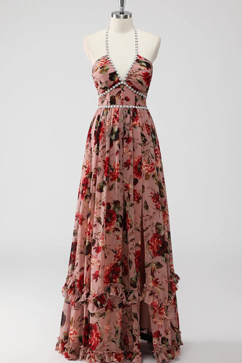 Vestido De Baile com Fenda Rosa Poeirenta Cabeçada Linha-A Floral