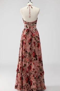 Vestido De Baile com Fenda Rosa Poeirenta Cabeçada Linha-A Floral