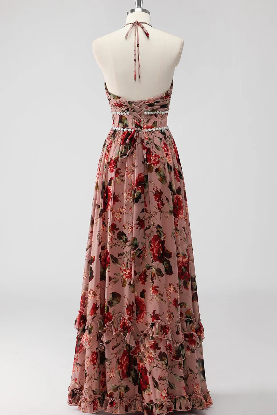 Vestido De Baile com Fenda Rosa Poeirenta Cabeçada Linha-A Floral