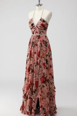Vestido De Baile com Fenda Rosa Poeirenta Cabeçada Linha-A Floral