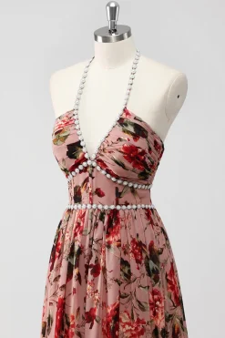 Vestido De Baile com Fenda Rosa Poeirenta Cabeçada Linha-A Floral