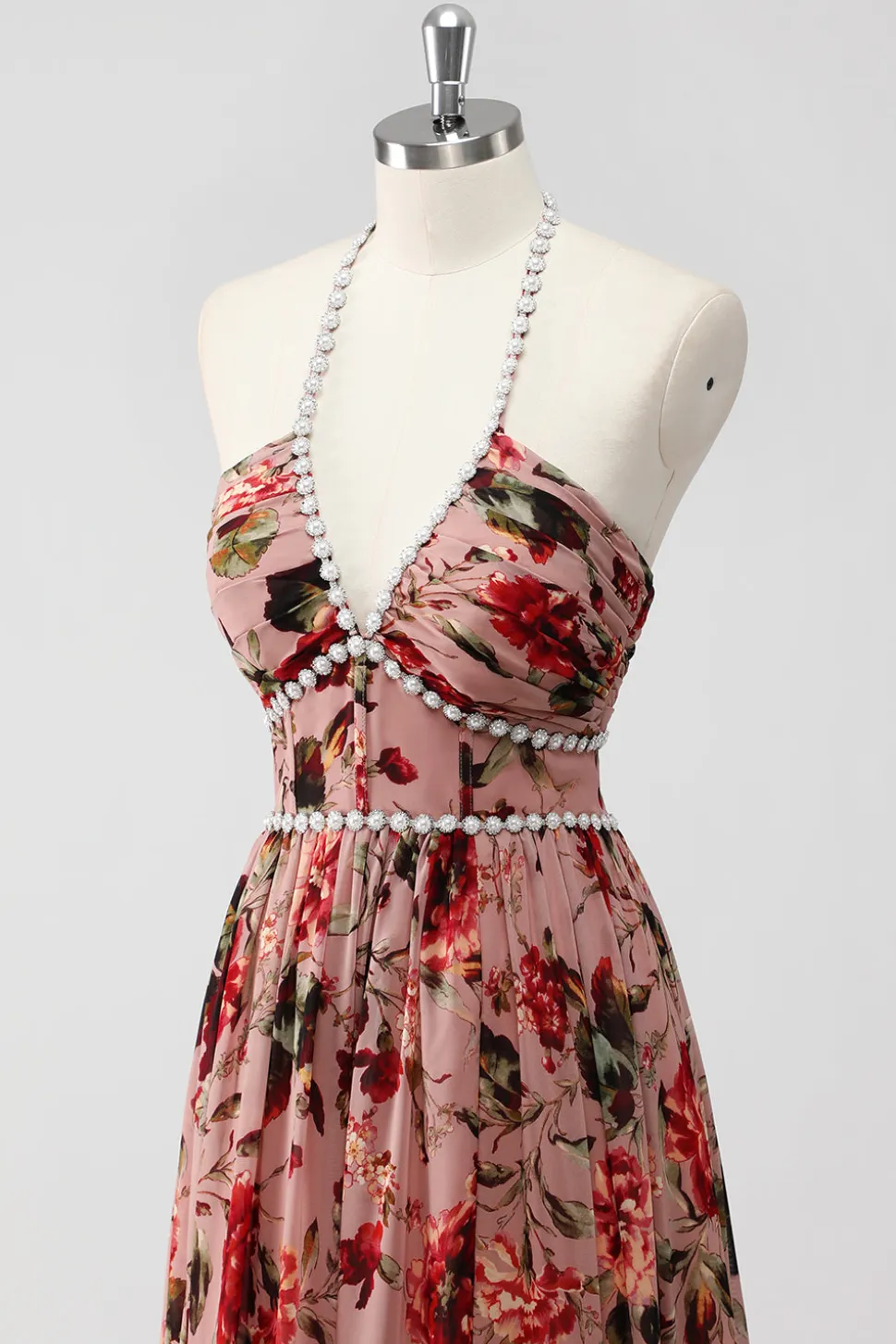 Vestido De Baile com Fenda Rosa Poeirenta Cabeçada Linha-A Floral
