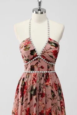 Vestido De Baile com Fenda Rosa Poeirenta Cabeçada Linha-A Floral