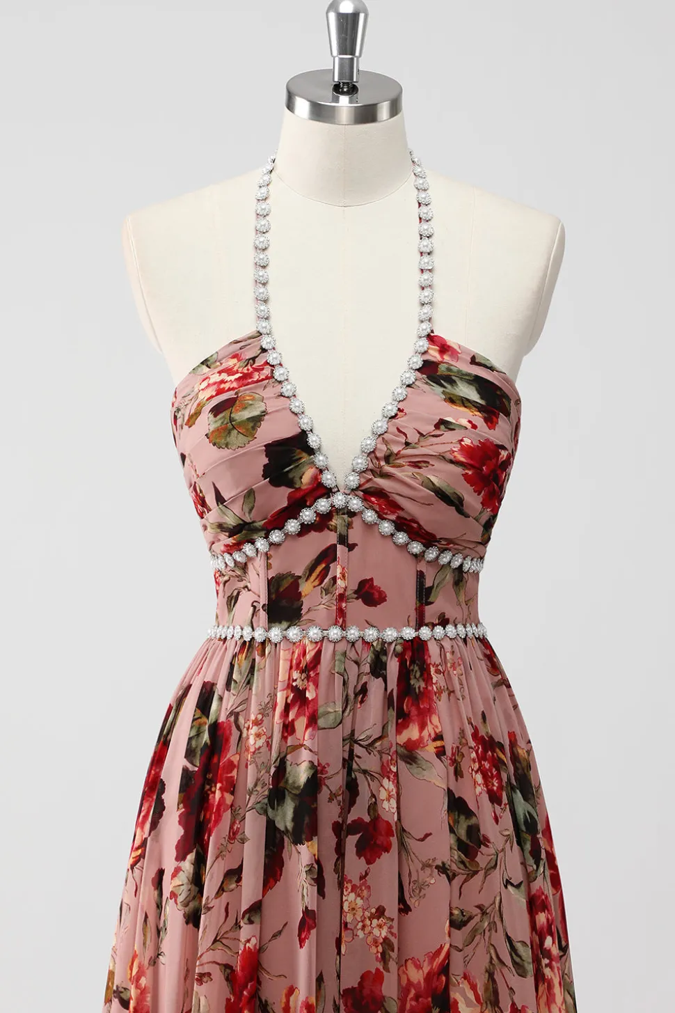 Vestido De Baile com Fenda Rosa Poeirenta Cabeçada Linha-A Floral