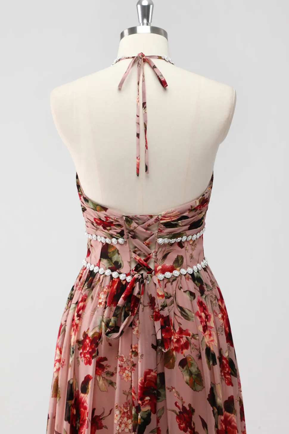 Vestido De Baile com Fenda Rosa Poeirenta Cabeçada Linha-A Floral